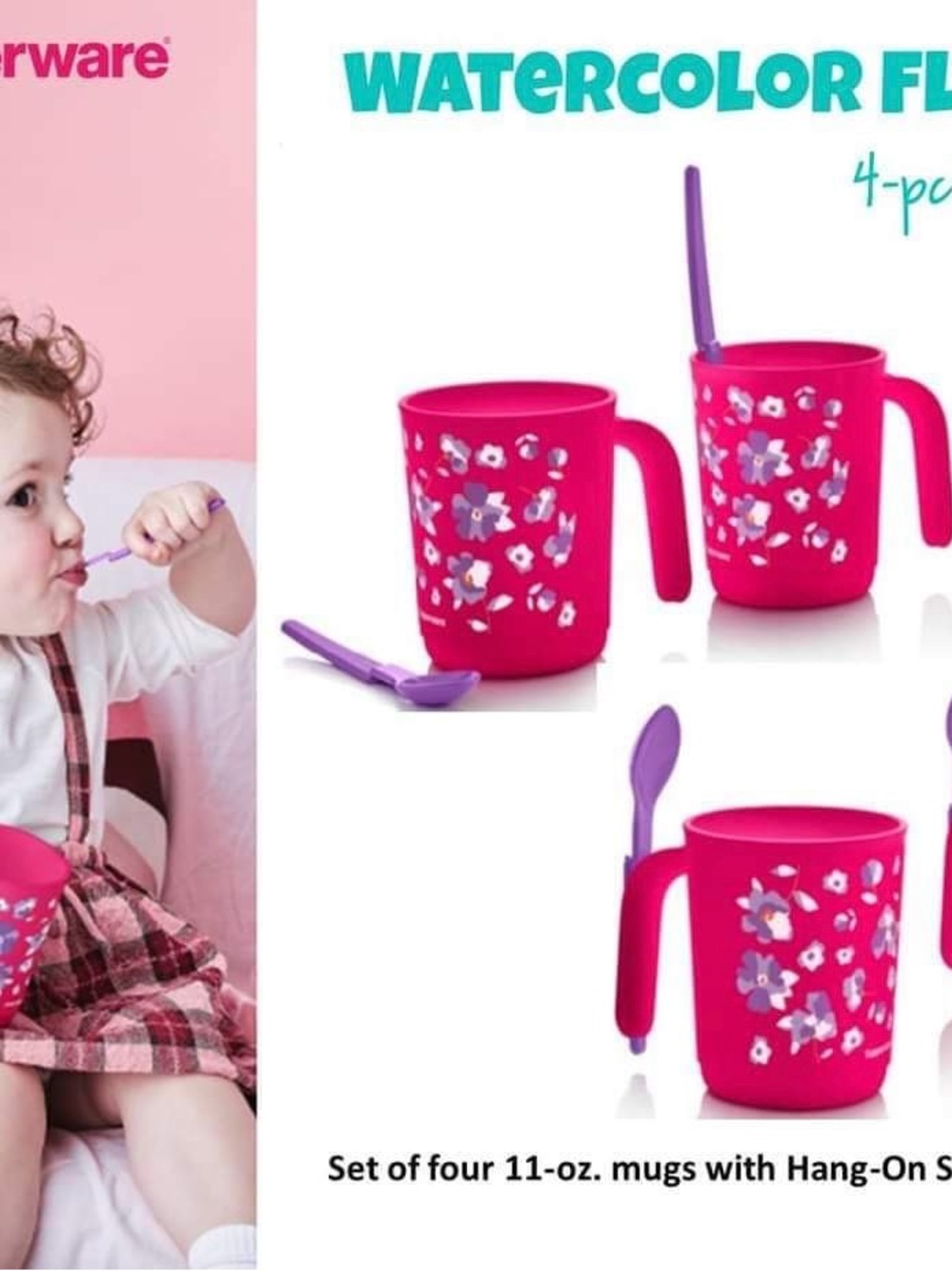 Tupperware Pink Floral Kids Mug Set with Purple Spoons